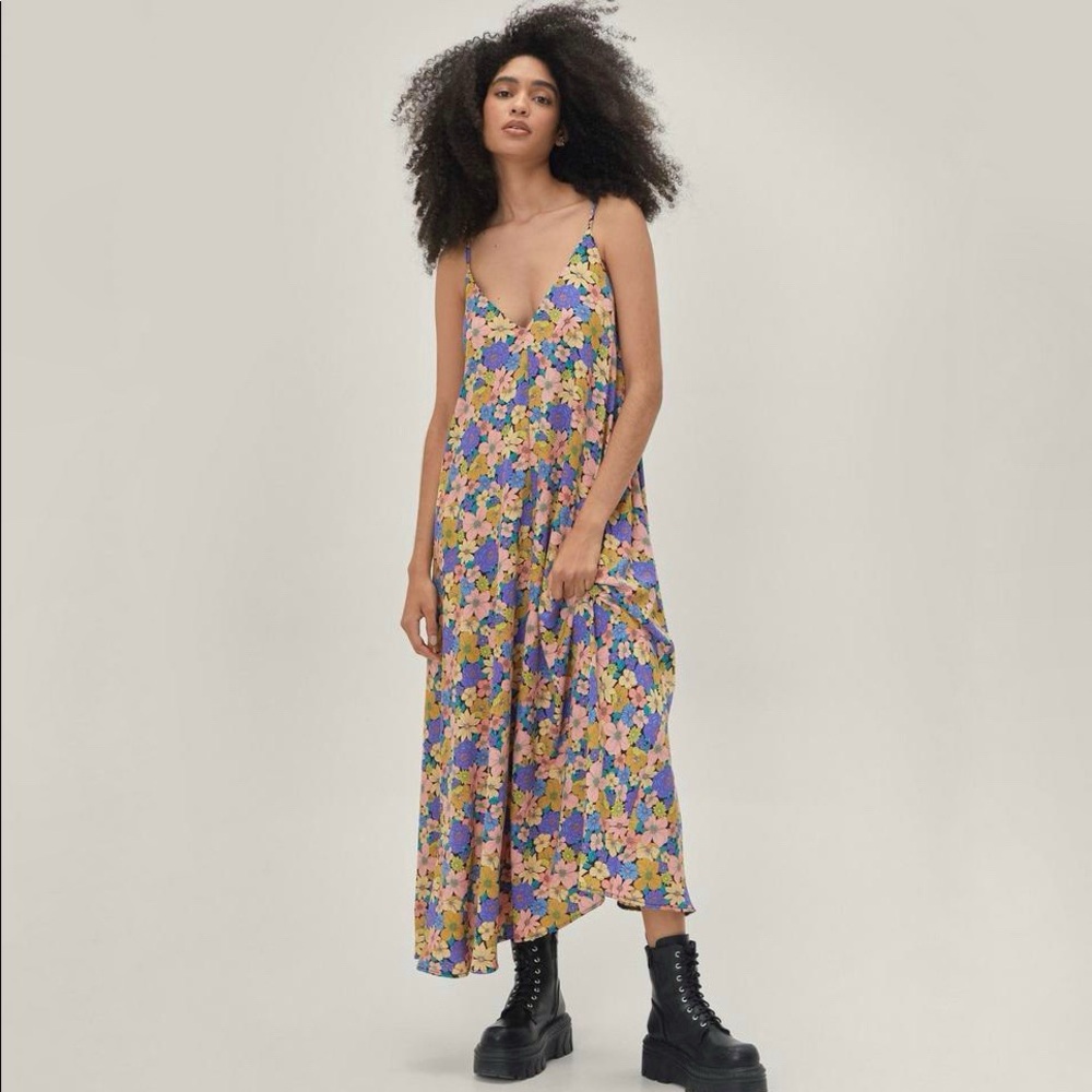 Nasty Gal Floral Trapeze Maxi Dress Spring Spaghetti Strap V-line Size 14 US